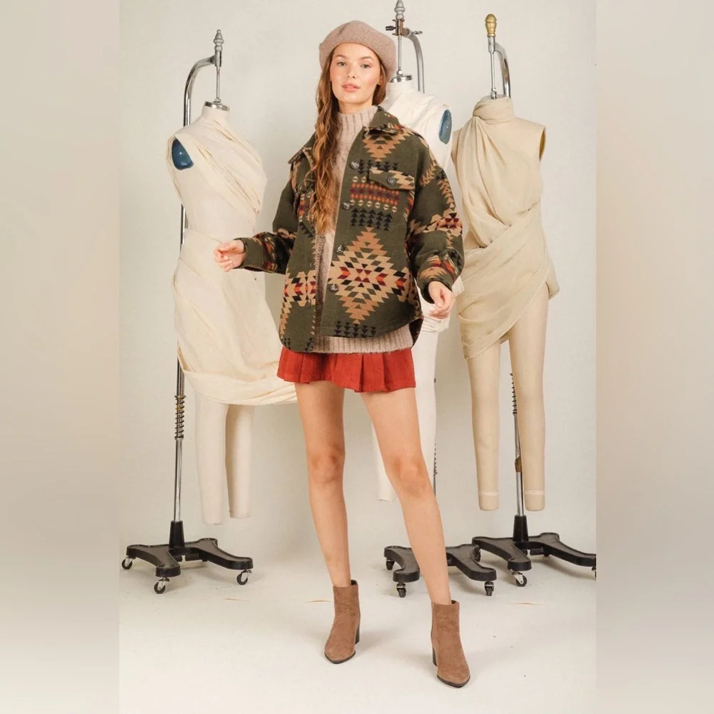 Aztec Print Olive Shacket - Picture 5 of 8